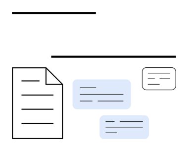 Bilgi paylaşımı, geri bildirim, işbirliği ve organizasyonu temsil eden metin kutuları ve satırlarla çevrili belge. Çalışma akışı, takım çalışması, düzenleme ve planlama iletişimi için ideal