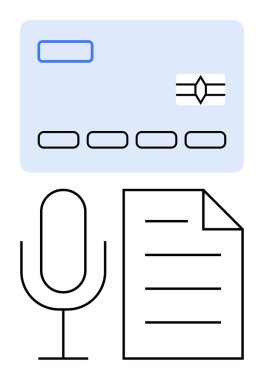 Kredi kartı, mikrofon, belge ses ödemesini, ses doğrulamasını vurguluyor. Dijital finans, güvenlik, banka, teknoloji, yapay zeka ticari işlemleri için ideal basit bir metafor