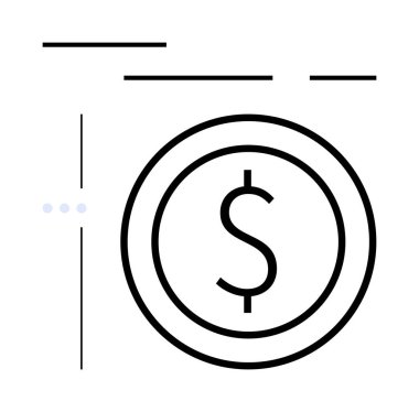 Soyut çizgiler ve noktalarla çevrili dolar işaretli doğrusal madeni para simgesi. Finans, yatırım, ekonomi, para yönetimi, tasarruf, ecommerce ve basit iniş sayfası için ideal