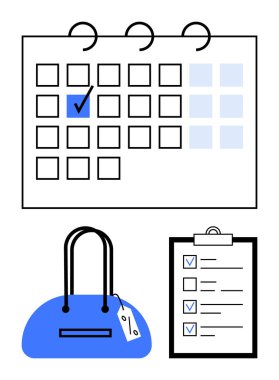Bir tarih, tamamlanmış görevlerle kontrol listesi ve fiyat etiketli bir alışveriş çantası ile işaretlenmiş takvim. Üretkenlik, planlama, alışveriş, hedefler, zaman yönetimi, organizasyon için ideal
