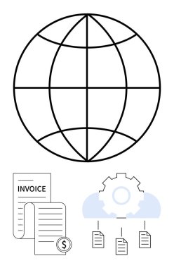 Birbirine bağlı şebeke, fatura belgeleri, vites simgesi ve bulut bağlantılı dosyalara sahip dünya. Finans, otomasyon, dijitalleştirme, iş akışı küresel işlemler verimlilik bulutu çözümleri için idealdir. Düz