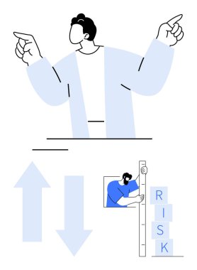 Zıt yönleri işaret eden, yukarı doğru giden oklar, ölçekteki risk seviyesini ölçen bireyler. Karar verme, strateji, büyüme, analiz, veri, basit iniş sayfaları için ideal