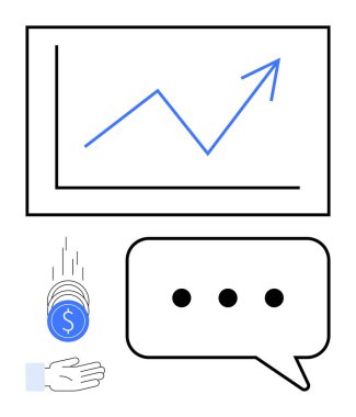 Yukarı doğru oklu çizgi grafiği, ele düşen bozuk paralar, konuşma balonu. Ticari büyüme, mali strateji, yatırım, iletişim, takım çalışması, basit iniş sayfası analizi için ideal