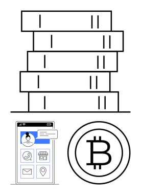 Öğrenmeyi, kullanıcı uygulamalarıyla mobil arayüzü, bağlantıyı sembolize eden kitap yığını, dijital para birimini gösteren Bitcoin logosu. Eğitim, teknoloji, finans ve yenilik için ideal
