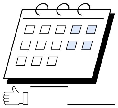 Vurgulanmış tarihli takvim, havada asılı duran el işareti, üç bağlayıcı döngü. Program, organizasyon, planlama, zaman yönetimi, görev öncelikleri, üretkenlik sade iniş sayfası için ideal