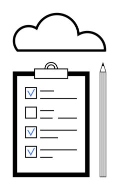 Üzerinde kontrol listesi, kalem ve bulut olan pano, organizasyonu, dijital araçları ve verimliliği simgeliyor. Görev yönetimi, planlama, veri depolama ekip çalışması verimliliği için ideal