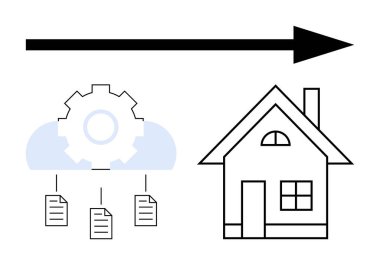 Bulut tabanlı veri işleme ekipmanı ve belge ikonlarından ev hatlarına ok işareti. Teknoloji, veri akışı, IOT, uzak çalışma, akıllı evler, bulut hesaplama, düz basit metafor