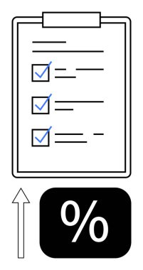 Üzerinde üç işaretli öge ve yüzde sembolünün yanında yukarı doğru ok olan pano. İlerleme, hedefler, verimlilik, finans, performans, başarı ve iyileştirme için ideal. Düz basit metafor