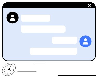 Kullanıcı simgeleri ve metin baloncukları içeren mesaj penceresi, dijital diyalog konsepti. İletişim, işbirliği, müşteri desteği, ağ kurma, sanal etkileşim, zaman yönetimi, düz basit