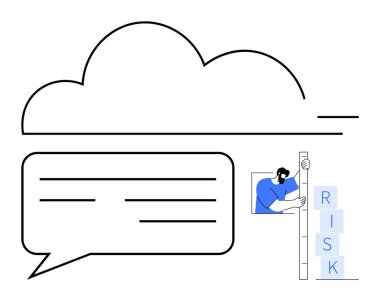 Bulut simgesi, metin satırlı konuşma balonu, harf dizme engelleme RISK. Bulut sistemleri, teknoloji, risk analizi, iletişim, bilişim hizmetleri, güvenlik sade iniş sayfası için ideal