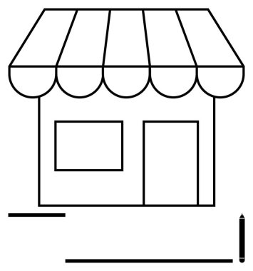 Çizgili tenteli, penceresi, kapısı, boş tabelası ve kalemi olan minimalist bir dükkan. Perakende satış, markalaşma, yerel işletme girişimciliği, küçük işletme pazarlaması için idealdir. Düz