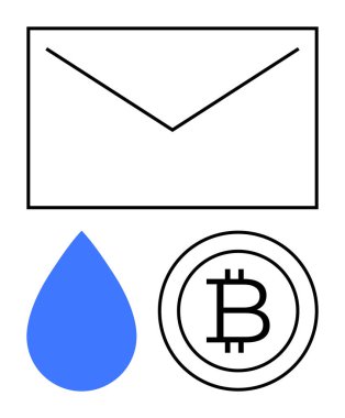 Siyah zarf, mavi su damlası ve ana hatlarıyla Bitcoin parası. İdeal mesajlaşma, sürdürülebilirlik, dijital ekonomi, finansal büyüme, koruma, kripto ticaret evrensel kavramları düz basit