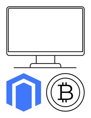 Bilgisayar monitörü, dijital finansı vurgulayarak engelleme logosu ve Bitcoin sembolüyle eşleştirildi. Kripto para birimi, engelleme zinciri, fintech, dijital ekonomi, çevrimiçi ticaret, web teknolojisi için ideal
