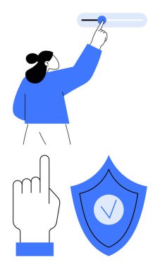 Kontrol düğmesine basan bir kadın, işaret eden bir el hareketi ve işaretli bir kalkan. Teknoloji, güvenlik, kontrol, arayüz ayarları, veri koruması, verimlilik için ideal basit iniş sayfası