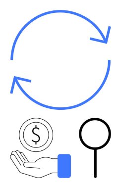 Mavi dairesel oklar işlemin akışını gösteriyor. Yanında madeni parayı vurgulayan bir bozuk para ve aramayı sembolize eden büyüteç var. İş incelemesi, finans ve analitik için ideal