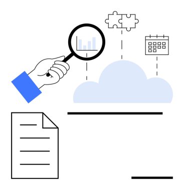 Bulutların üzerinde büyüteç tutarak, verileri analiz ederek. Bağlı bulmaca parçaları, takvim ve belge işbirliği, planlama ve veri entegrasyonunu temsil ediyor. Veri analizi ve takım çalışması için ideal