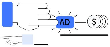 Parlak efektli AD düğmesine tıklayarak madeni parayı sembolize ediyor. Dijital pazarlama, çevrimiçi para kazanma, reklam konsepti, web trafiği, kullanıcı bağlantısı, PPC