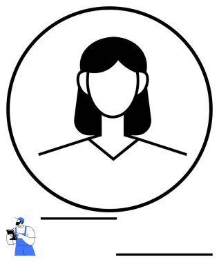 Çemberin içinde kadın profil simgesi ve tableti kontrol eden üniformalı bir teknisyen. Kullanıcı profili, kimlik, meslek, teknoloji, takım çalışması, hizmet, basit iniş için ideal