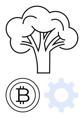 Bitcoin logosu ve dişli ikonu ile birlikte ağaç yapısı doğa, teknoloji ve kripto para birimini birleştirir. Sürdürülebilirlik, yenilik, ekoloji, engelleme zinciri, yenilenebilir kaynaklar ve finans teknolojisi için ideal