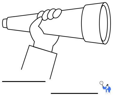 Teleskopu kavramak görüşü, incelemeyi ve keşfi temsil eder. Planlama, araştırma, strateji, keşif, odaklanma ve hedef belirleme için ideal. Düz basit metafor