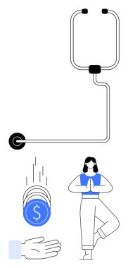 Stetoskop, bozuk paraların açık bir ele düşmesi ve yoga pozu veren bir kadın. Sağlık, finans, refah, farkındalık, tasarruf, yaşam tarzı dengesi için ideal basit bir iniş sayfası