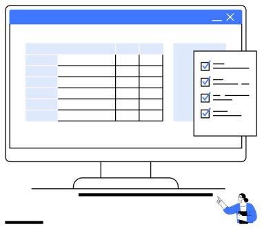 Bilgisayar monitörü, listenin yanında satır ve sütunları olan bir tablo görüntülüyor. Proje izleme, iş akışı yönetimi, veri analizi, planlama, üretkenlik, işbirliği, basit iniş için ideal
