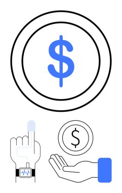 Madeni para sembolü, nabız algılayıcı akıllı seğirme, bozuk para jestli el. Fintech, ödeme, yenilik, teknoloji, akıllı cihazlar, basit bir iniş sayfası için ideal