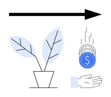 Büyümeyi simgeleyen çömleğe bitki, ellere para düşmesi ve ilerlemeyi gösteren ok. Finans, yatırım, başarı, sürdürülebilirlik, büyüme, tasarruf sade iniş sayfası için ideal