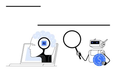 Robot elinde büyüteç ve kripto para tutuyor. İnsan beyni dizüstü bilgisayardaki yapay zeka çipine bağlı. Yenilik için ideal, yapay zeka, kripto para, teknoloji, öğrenme, analiz finans. Düz basit metafor