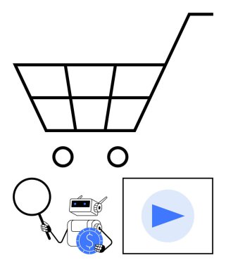 Robot alışveriş arabası verilerini büyüteçle inceliyor, e-ticaret, analiz ve otomasyona odaklanıyor. Perakende, pazarlama, yapay zeka, teknoloji, tüketici davranışı için idealdir.