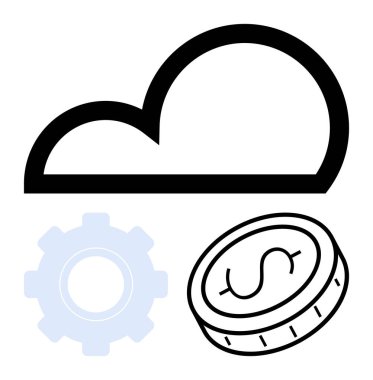 Veri depolama, yenilik ve yatırımı temsil eden bir dişli ve doların üzerindeki bulut anahatları. Teknoloji hizmetleri, iş büyümesi, bulut çözümleri, mali planlama, işlemler, dijital
