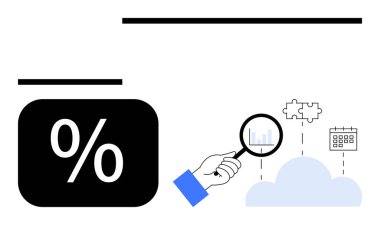 Analitik grafik üzerindeki büyüteç, bulut yüzdesi sembolü, yapboz parçası ve takvime olan bağlantıları gösteriyor. Veri analizi, istatistik, bulut hesaplama, organizasyon, problem çözme, iş için ideal