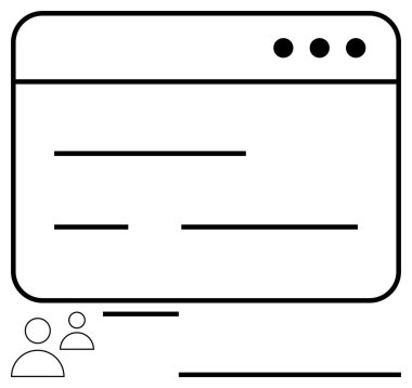 Basitleştirilmiş metin düzeni ve kullanıcı simgelerini içeren web tarayıcı penceresi, işbirliğini, içerik paylaşımını, dijital iş akışını temsil ediyor. UX tasarımı, web geliştirmesi, teknoloji, takım çalışması için ideal