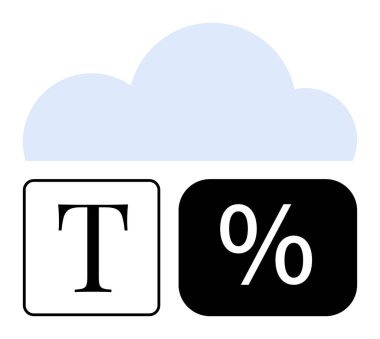 Metin ve yüzde sembolleri olan iki bloğun üzerindeki bulut veri depolama, belgeler ve istatistikleri sembolize ediyor. Teknoloji, analitik, bulut hesaplama, dijital depolama, tipografi verileri için ideal