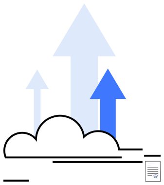 Yükselen mavi okları olan bulut veri büyümesini, yüklenmesini veya ölçeklenebilirliğini sembolize eder. Belge simgesi dijital çözümlerde ipuçları verir. Teknoloji, bulut hesaplama, ilerleme, verimlilik ve yenilik için ideal
