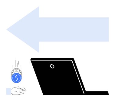 Mavi oklu ve dizüstü bilgisayarlı paralar dijital ödeme, işlem akışı ve finansal işlemleri temsil eder. Fintech, bankacılık, tasarruf, e-ticaret, online alışveriş, iş için ideal