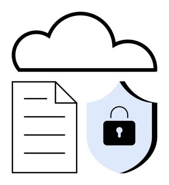 Bulut başlığı, veriyi sembolize eden bir kağıt ve güvenlik kilidi olan bir kalkan. Teknoloji, veri koruması, bulut depolama, siber güvenlik, gizlilik, dijital güvenlik yeniliği için ideal