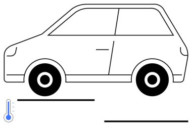 Termometre simgesi olan kompakt bir arabanın yan görüntüsü ulaşımı, ısı kontrolünü, iklim etkisini, verimliliği, izleme, teknoloji, hareketliliği işaret ediyor. İdeal