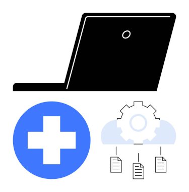 Laptop silueti, teçhizatlı bulut, belge simgeleri ve tıbbi haç sağlık veri yönetimini gösteriyor. Teknoloji, teletıp, yenilik, üretkenlik, bulut hizmeti sağlık ve iş akışı için ideal