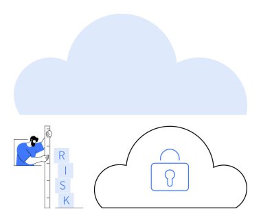 Kilitli bulut, güvenli veri depolamayı simgeliyor. Engelleri işaretleyen kişi. Siber güvenlik, veri güvenliği, mahremiyet, güvenli depolama, çevrimiçi risk değerlendirmesi, bulut yönetimi, basit