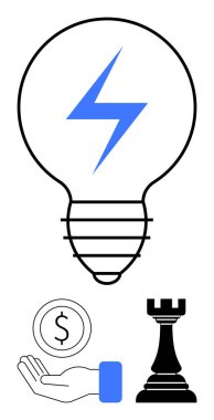 Yıldırımlı ampul, parayı simgeleyen para ve strateji için satranç kalesi. Yenilik, finans, liderlik, karar verme, yaratıcılık, girişimcilik için idealdir.