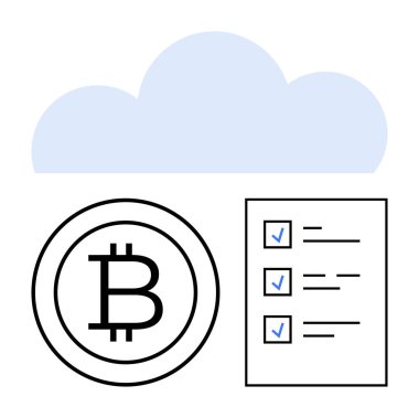 Bitcoin simgesinin üzerinde tamamlanmış görevleri gösteren dijital para birimi ve verimliliği birleştiren kontrol listesi olan bir bulut. Finans, engelleme zinciri, bulut çözümleri, dijital depolama, planlama, organizasyon için ideal