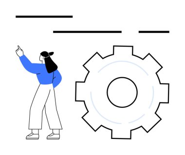Metin düzeni için çizgileri olan büyük dişli tasarımı işaret eden kadın figürü. Teknoloji, takım çalışması, iş akışı, yenilik, mühendislik, iş süreçleri ve basit iniş sayfaları için ideal
