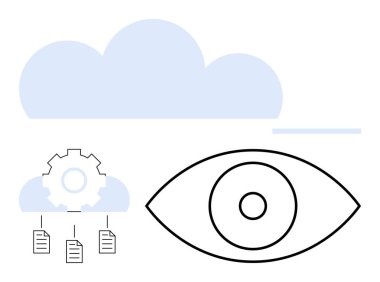 Göz sembolü izleme verileri, bulut elementi entegre ekipman ve dosyalar, paylaşımı temsil eden yapay zeka, analitik. Bulut bilgisayarı, izleme, ağ oluşturma, yenilikçi otomasyon depolama dairesi için ideal