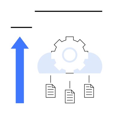 Mavi ok, bulut simgesinin üzerinden yukarı doğru yükselerek teknolojiyi sembolize ediyor. Aşağıda, belge transfer konsepti var. Bulut hesaplama, veri paylaşımı, yenilik, bilişim çözümleri, iş akışı için ideal
