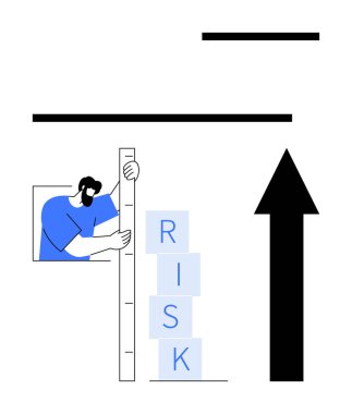 İnsan üst üste dizilmiş blokları ölçmek için cetvel kullanır. Yükselen büyük ok büyümeyi simgeler. İş stratejisi, risk yönetimi, planlama, ölçüm, başarı, büyüme, basit iniş için ideal