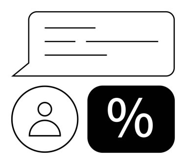 Metin satırlı konuşma balonu, çemberin içindeki profil çizgisi ve siyah dikdörtgenin içindeki cesur yüzde. İletişim, geri bildirim, müşteri içgörüsü, analitik, pazarlama ve finans için ideal