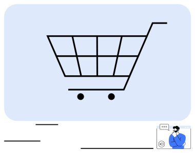 Müşteri hizmetleri ikonu eşliğinde iki tekerlek ve şebeke desenli alışveriş arabası. E-ticaret, çevrimiçi alışveriş, satış, müşteri desteği, perakende satış, dijital piyasa, düz basit