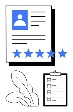 Profil detaylarıyla, beş yıldızlı reytinglerle, kontrol listesi panosuyla ve minimalist yaprak elementiyle devam et. İşe alım, kariyer büyümesi, değerlendirmeler, kalite, geri bildirim HR basit iniş sayfası için ideal
