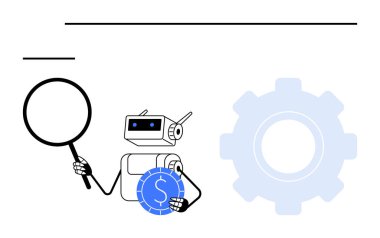 Robot, yanında vites sembolü ile birlikte dolar işareti olan büyüteç ve mavi sikke taşıyor. Finans, otomasyon, teknoloji, analiz, yenilik, verimlilik dijital dönüşüm için ideal. Düz